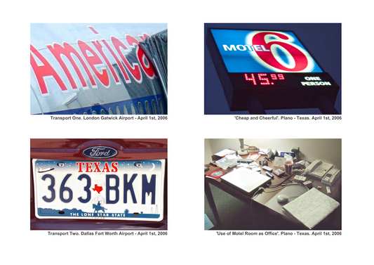 Small town America. Photographs of an American Airlines plane, a rental-car tag, a motel sign and a motel room desk.