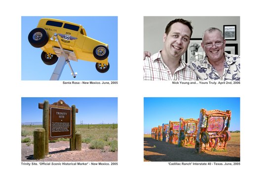 Small town America. Photographs of a yellow roadster on a pole, the 'Trinity Site', Nick Young and Jeremy Hammond, and 'Cadillac Ranch'.