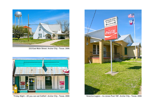 Small town America. Photographs of a white house and a water-tower, a mainstreet store and a coca-cola sign with American flags.