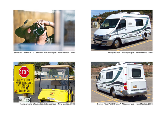 Small town America. Collage of images showing a Nikon F3, a KOA Kampground and a Forest River MB Cruiser.