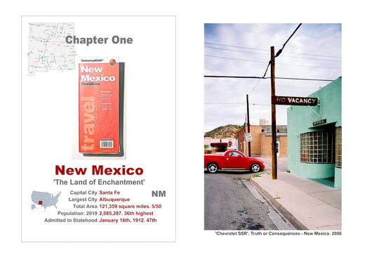 Small town America. The front of a roadmap of New Mexico, a description of the State and a picture of a motel and a red car.
