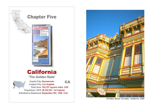 Small town America. The front of a roadmap of California, a description of the State and a picture of the exterior of an ornate and brightly painted Victorian building.