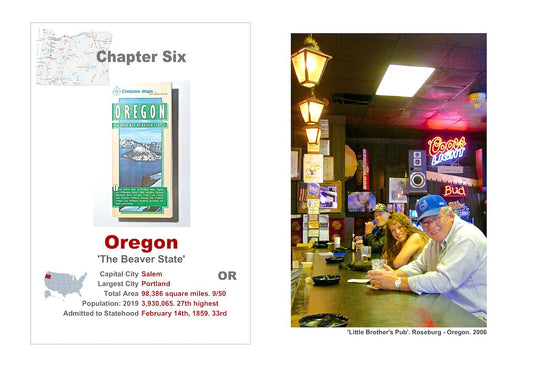 Small town America. The front of a roadmap of Oregon, a description of the State and a picture of three customers sitting at a bar.