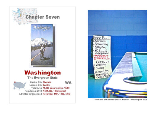 Small town America. The front of a roadmap of Washington, a description of the State and a picture of a 'rules and regulations' sign next to a pool table.