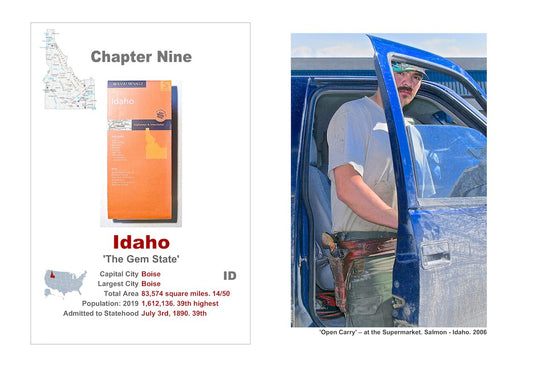 Small town America. The front of a roadmap of Idaho, a description of the State and a picture of a young man getting-out of a blue pickup, wearing a holster and six-gun.