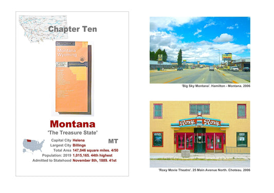 Small town America. The front of a roadmap of Montana, a description of the State and one picture of a small town mainstreet with 'Big Sky' and one showing a small movie theatre.