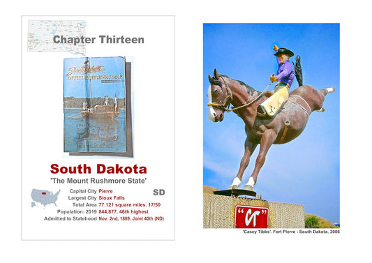 Small town America. The front of a roadmap of South Dakota, a description of the State and a picture of a Rodeo rider and horse effigy in dynamic pose.