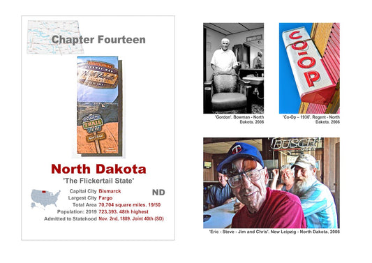 Small town America. The front of a roadmap of North Dakota, a description of the State and three pictures. One showing a barber, one of a 'Co-Op' sign and one of four men in a bar.