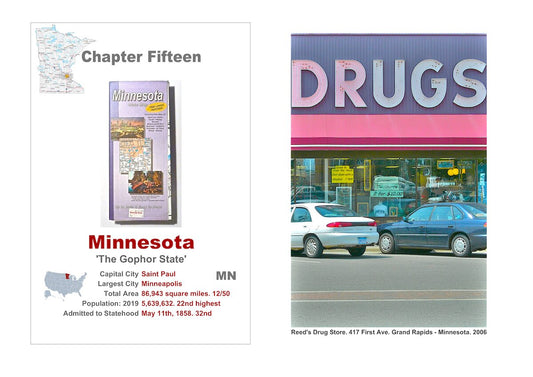 Small town America. The front of a roadmap of Minnesota, a description of the State, and a detail from the frontage of a drug store with a faltering neon sign.