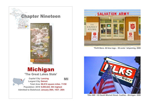 Small town America. The front of a roadmap of Michigan, a description of the State and two pictures showing a Salvation Army Storefront, and an 'Elks' Lodge sign and the American flag.
