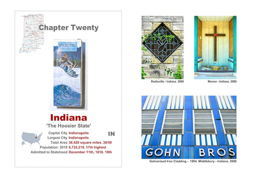 Small town America. The front of a roadmap of Indiana, a description of the State and pictures of a stained glass window with two bowling pins, a cruciform and a blue ceramic storefront.