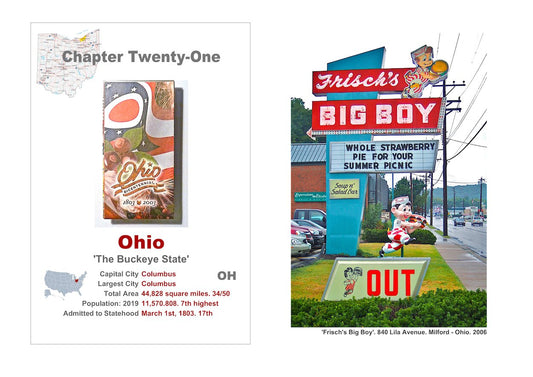 Small town America. The front of a roadmap of Ohio, a description of the State and a photograph showing a 'Frisch's Big Boy Burger effigy and sign in Milford, Ohio.
