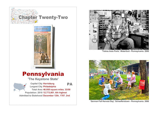 Small town America. The front of a roadmap of Pennsylvania, a description of the State, a black and white picture of the owner of an auto parts store and a picture of a sunny outdoor gathering.