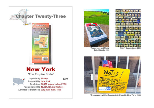 Small town America. The front of a roadmap of New York, a description of the State, a picture of the 'Woodstock' monument, one of baseballs for sale, and another of an aggressively worded 'Notis'.