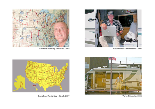 Photographs of Jeremy Hammond by a map of the USA, and by his RV. A route map showing 50 states.